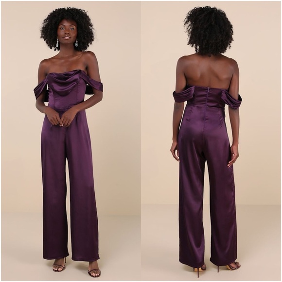 LULU’S Unbelievable Aura Dark Purple Satin Off The Shoulder Jumpsuit - Picture 1 of 5